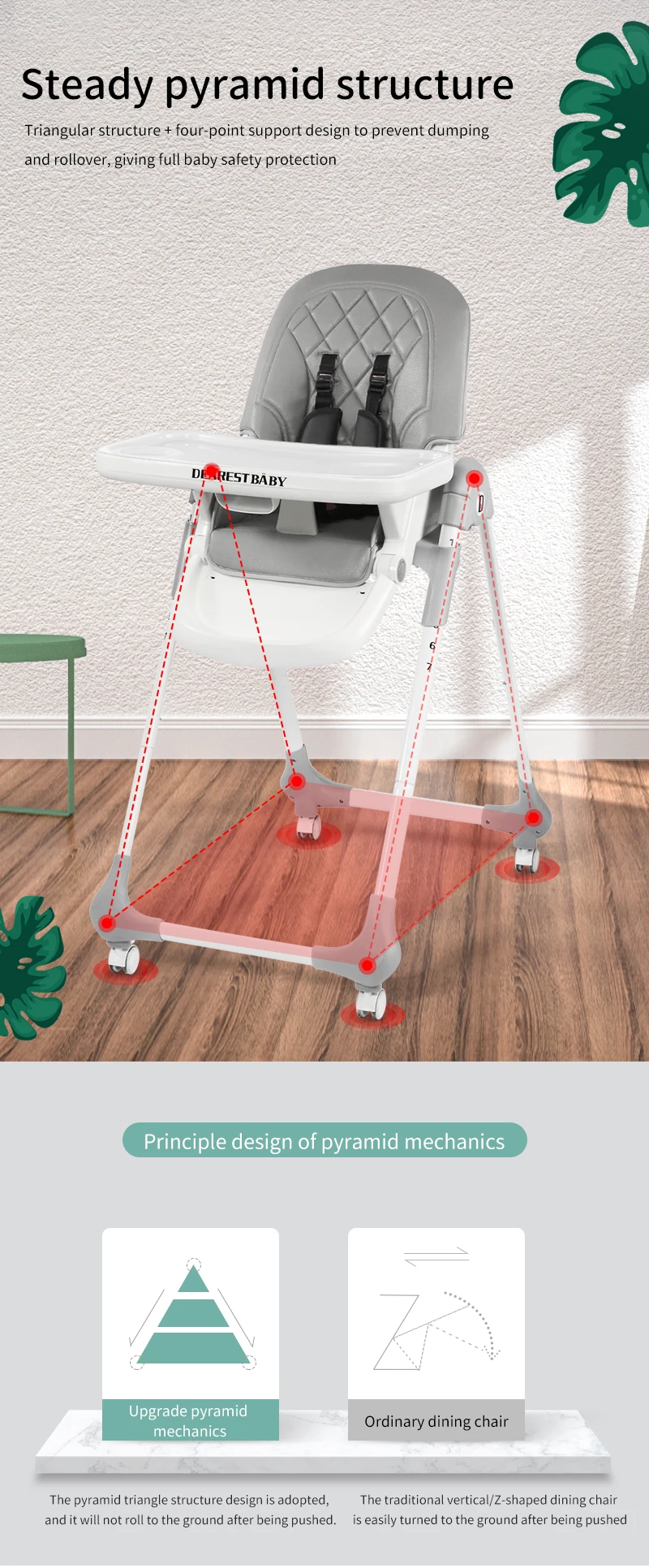 PU Cushion Foldable Baby Dining Chair With Wheels Movable Baby High Chairs Durable Kids Feeding Chair