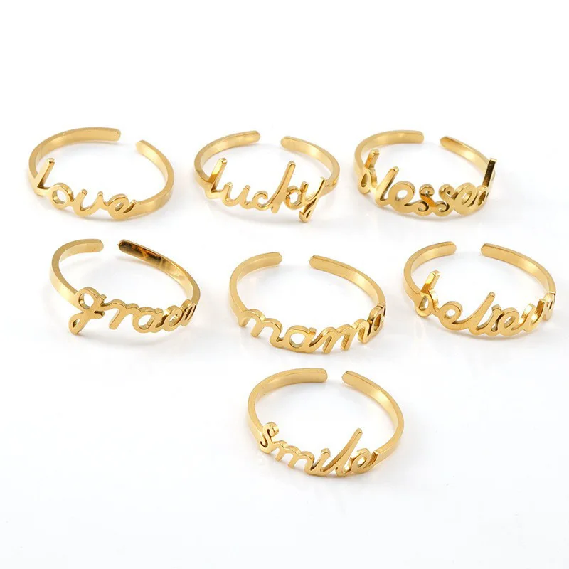 2024 Trendy Stainless Steel Gold Plated Lucky Words blessed love mama Letter Rings for Women Fashion Jewelry