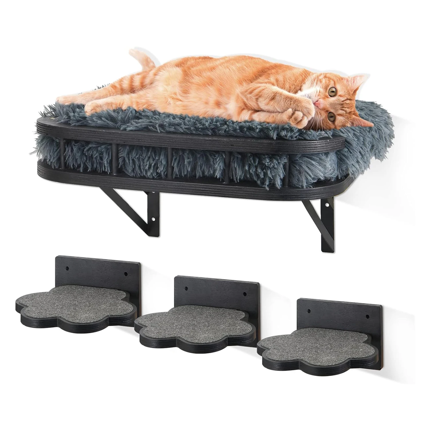 Cat Hammock Cat Wall Furniture with Cooling Mat and Plush Cushion and 3 Wall Steps Cat Climbing Shelf