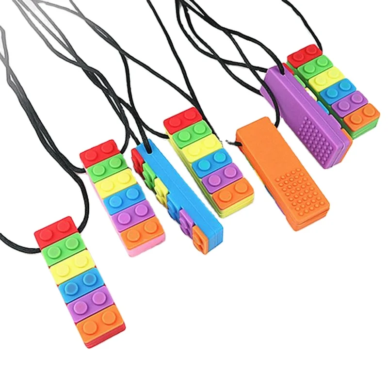 1Pcs Block Baby Teether Autism Sensory Chew Necklace Silicone Biting Teethers Silicone Organic Baby Building Block Teethering