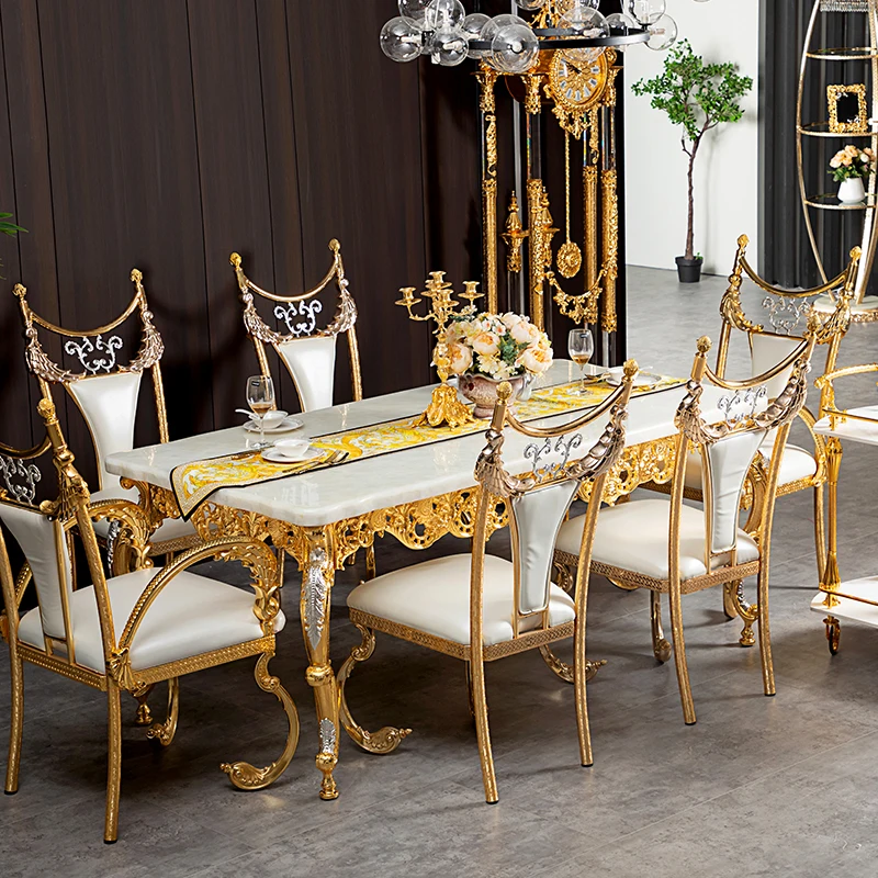 European Dining Table Set Furniture Golden Copper Marble Dining Table Luxury Modern 6 Chairs Set Dining Table