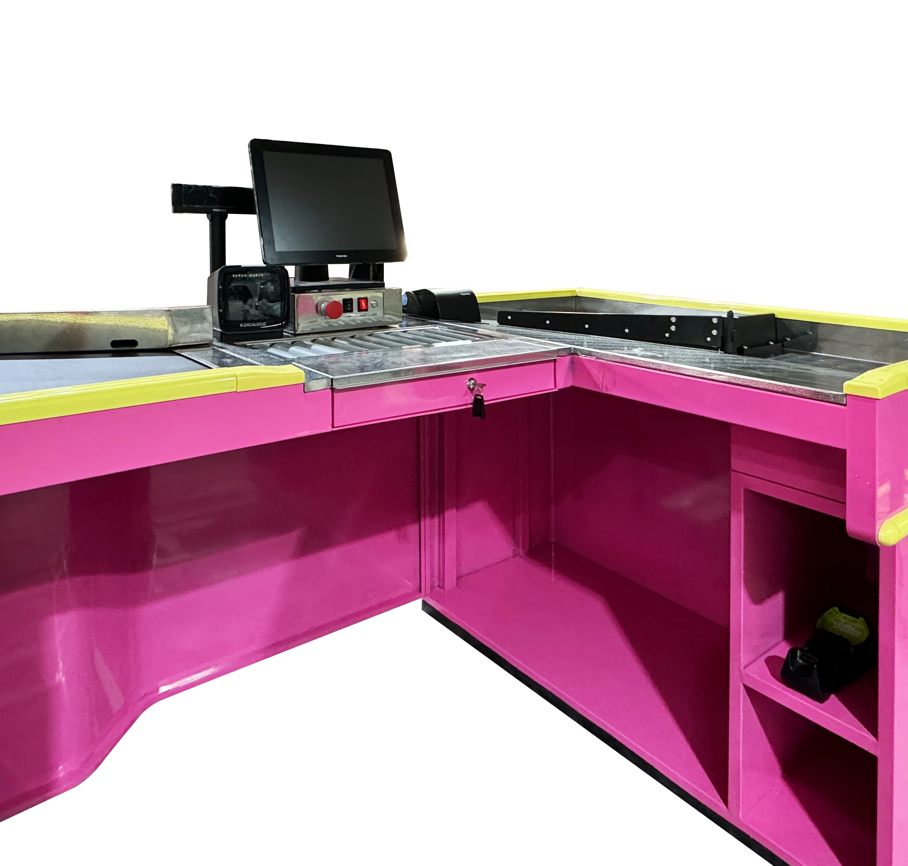 Hot Sell Supermarket Cashier Counter Pink Colour Retail Checkout Counter Store Cash Register Cashier Desk With Conveyor Belt
