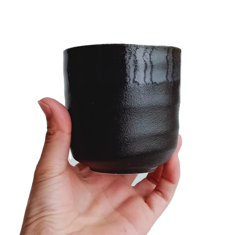 
215ml Japanese inner white outer matte black glossy rim Personal Hand made Ceramic porcelain coffee tea mug cup no handle 