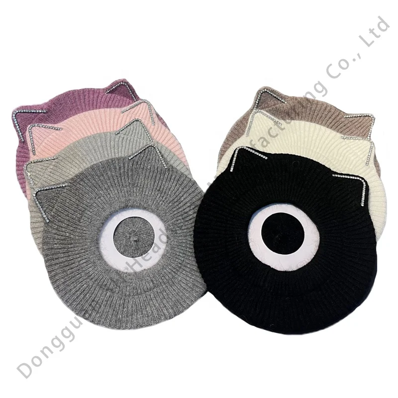 Wholesale Design Your Own Winter Knit Octagonal Berets Caps for Unisex Custom Beret Hats with Cat Ears