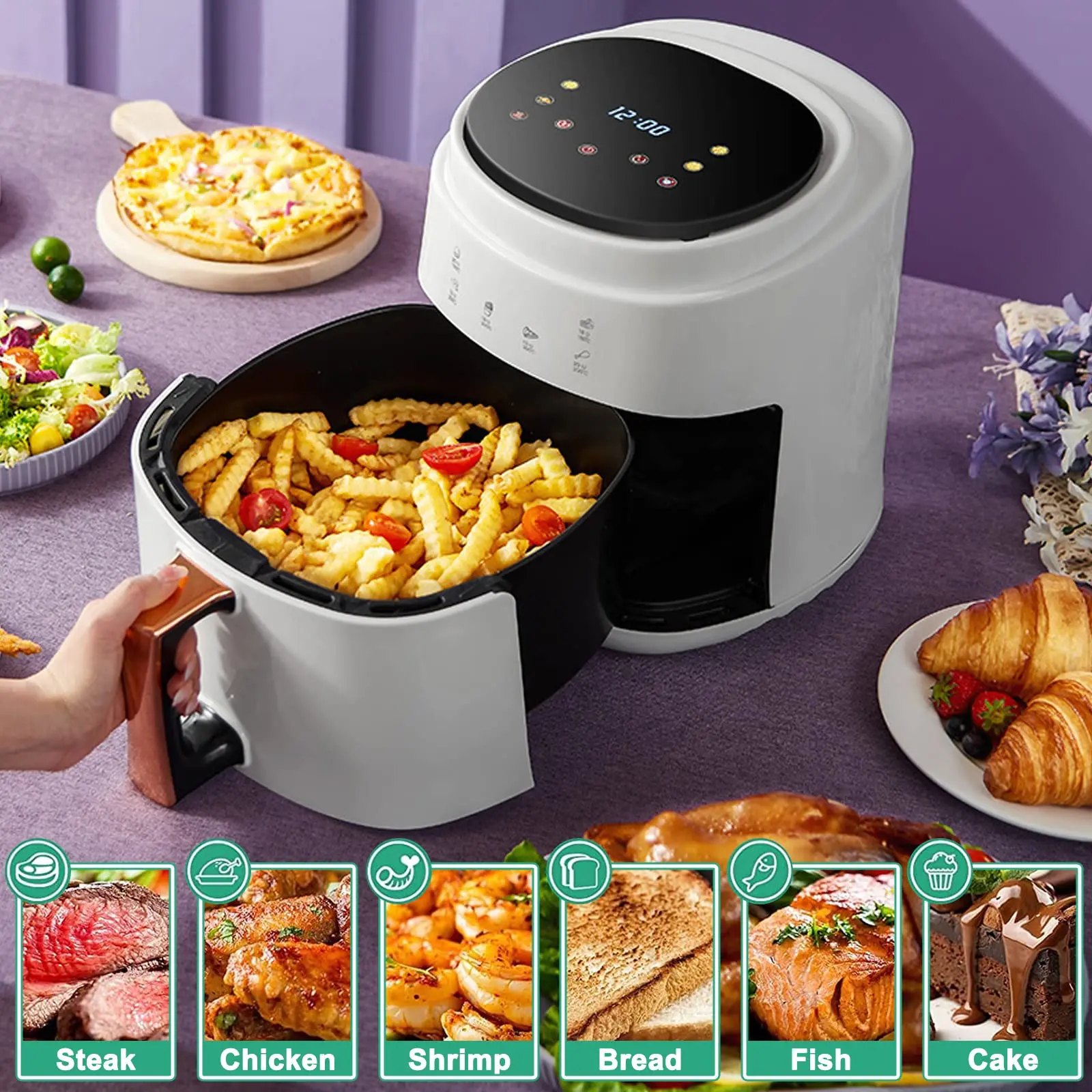 1400W Air Circulation Nonstick Basket 8L Oilless Air Fryers with 6 Presets Digital Touch Screen Timer Temperature Control