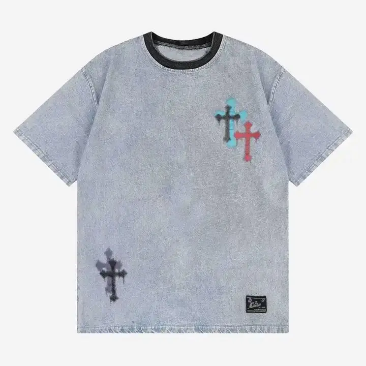 DOVEN OEM Manufacture 270GSM High Street Vintage Washed T-Shirt Oversized  Embroidered Cotton Heavyweight Unisex Denim T-Shirts