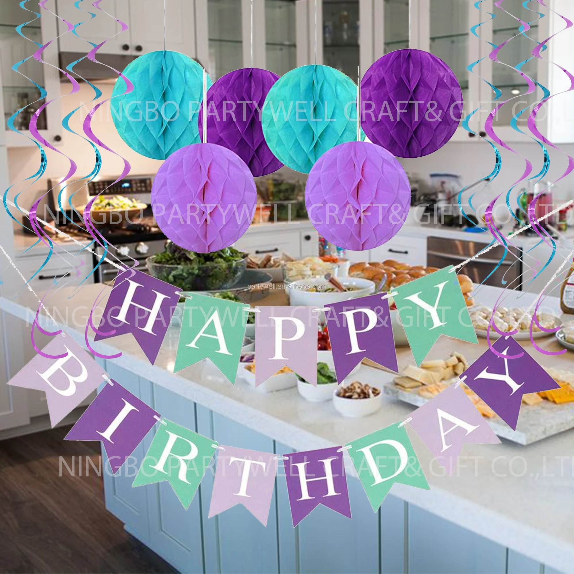 
Wholesale Mermaid Happy Birthday Banner Hang Honeycomb Ball Swirls Streamers for Birthday Baby Shower Party Decorations 