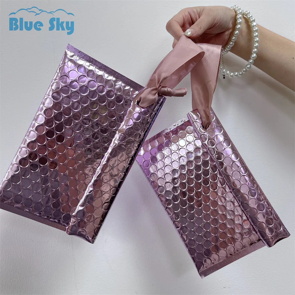Pink Shiny Bubble Mailers Bubble Bag Christmas Gift Packaging Bags Custom Logo Holographic Bubble Envelope Glitter Courier Bags