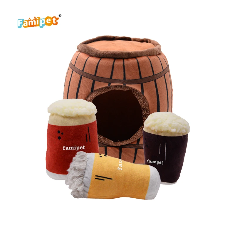 Famipet Wholesale Beer Keg Design Funny Hundespielzeug Soft Stuffed Plush Pet Toy Squeaky Dog Toy Set