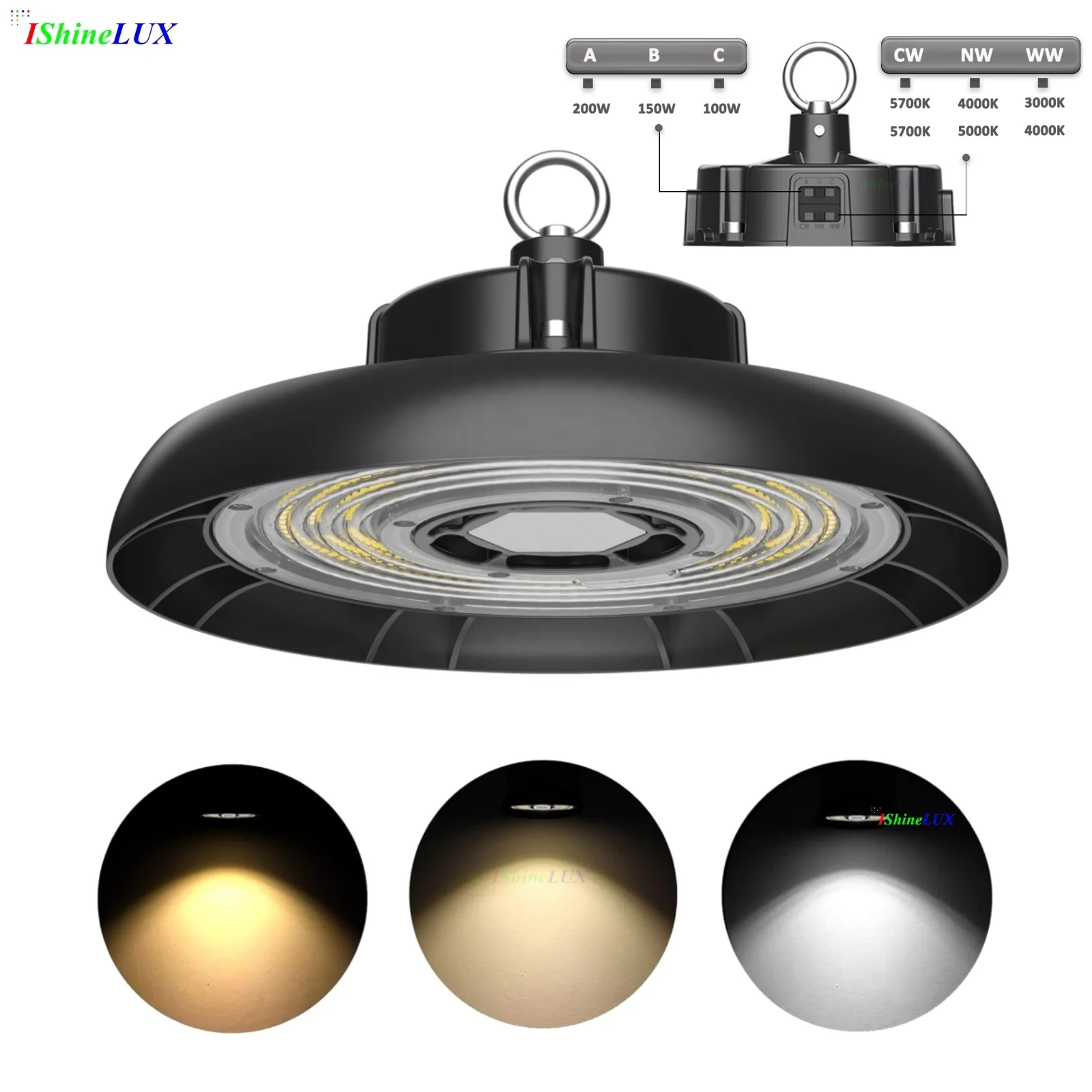 Tri-Color High Bay Light Multiple Power Adjustable 150W 120W 100W CCT Swithchable UFO LED High Bay Light for Warehouse Factory