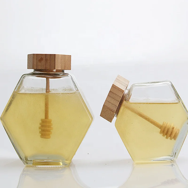 Шестигранная стеклянная банка объемом 220 мл для герметичного хранения меда, пустая банка для сахара, стеклянные банки для хранения с деревянными крышками