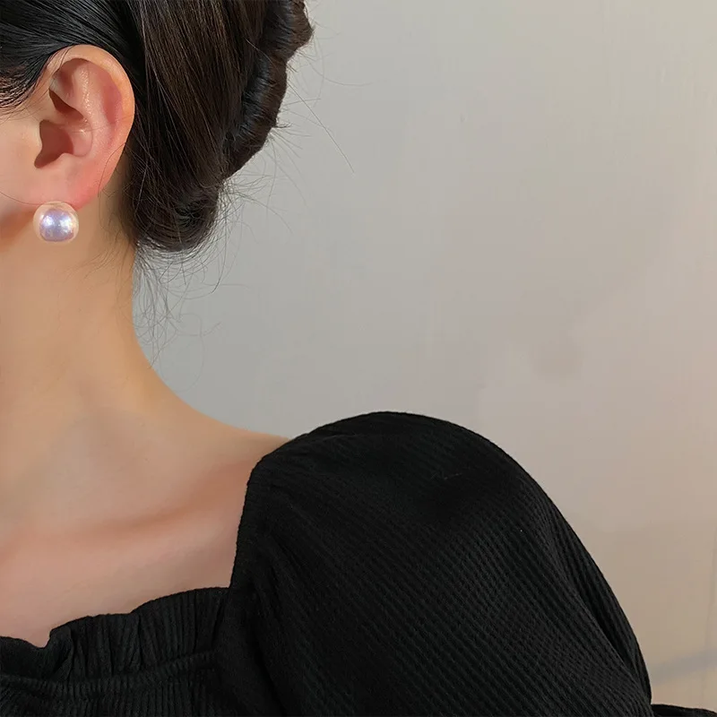 Mermaid Color Pearl Earrings Round Pearl Ball Silver Needle 8mm 10mm 12mm 14mm Stud Earrings Women