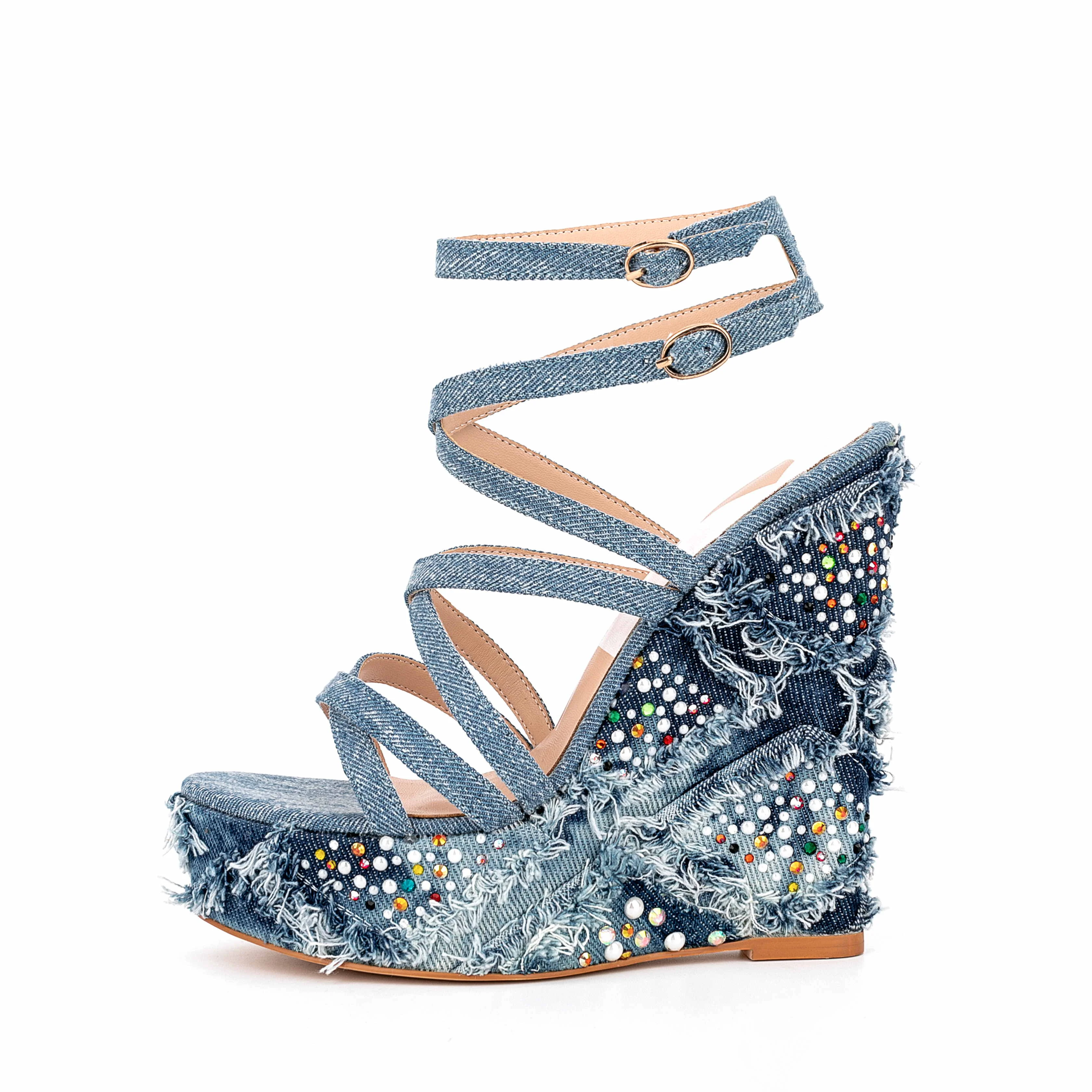Fashion Designer Style X-cross Women Denim Wedge Heels Buckle Strap Sandals Sexy Diamond Waterproof Platform Sandals For Girls