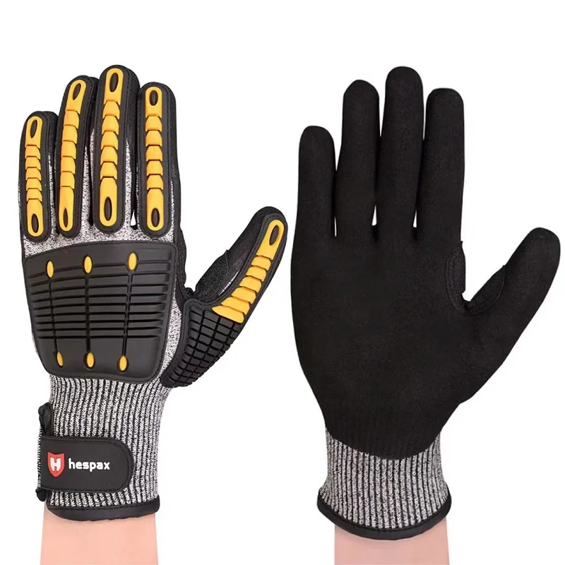 HESPAX OEM Logo Level 5 Anti Cut resistant sandy Nitrile coated TPR Anti Impact mechanic Gloves