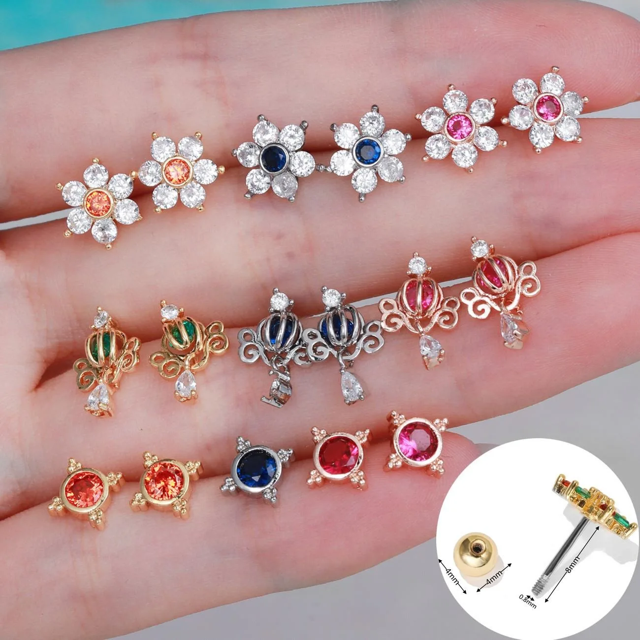 High-End Colorful Zircon Ear Bone Stud 18K Gold Plated Rod Piercing Ear Accessories Screw Ball  Brass Earring Stud For Women
