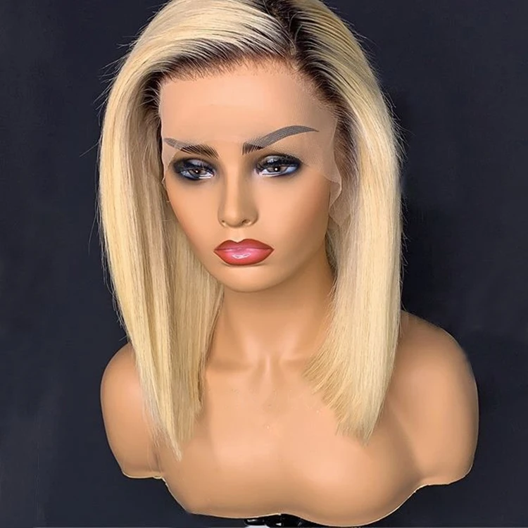 Ombre Blonde Bob Straight Wigs Human Hair Lace Front Brazilian Pre Plucked Bob Wig 1B/613 Color Straight Hair Short Bob Wigs