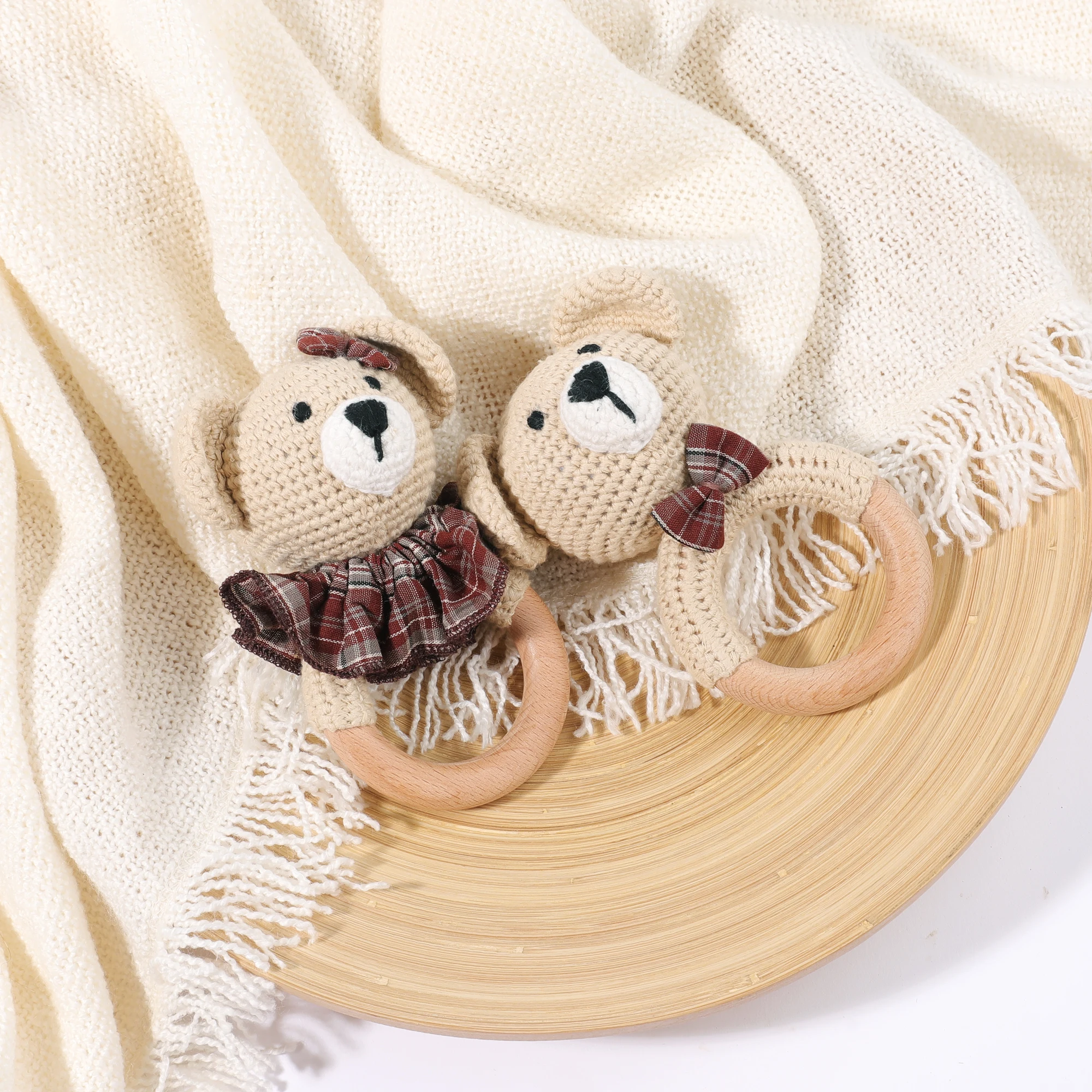 Crochet Toy Rattle for Babies Wooden Rattle Ring for Newborn Gift