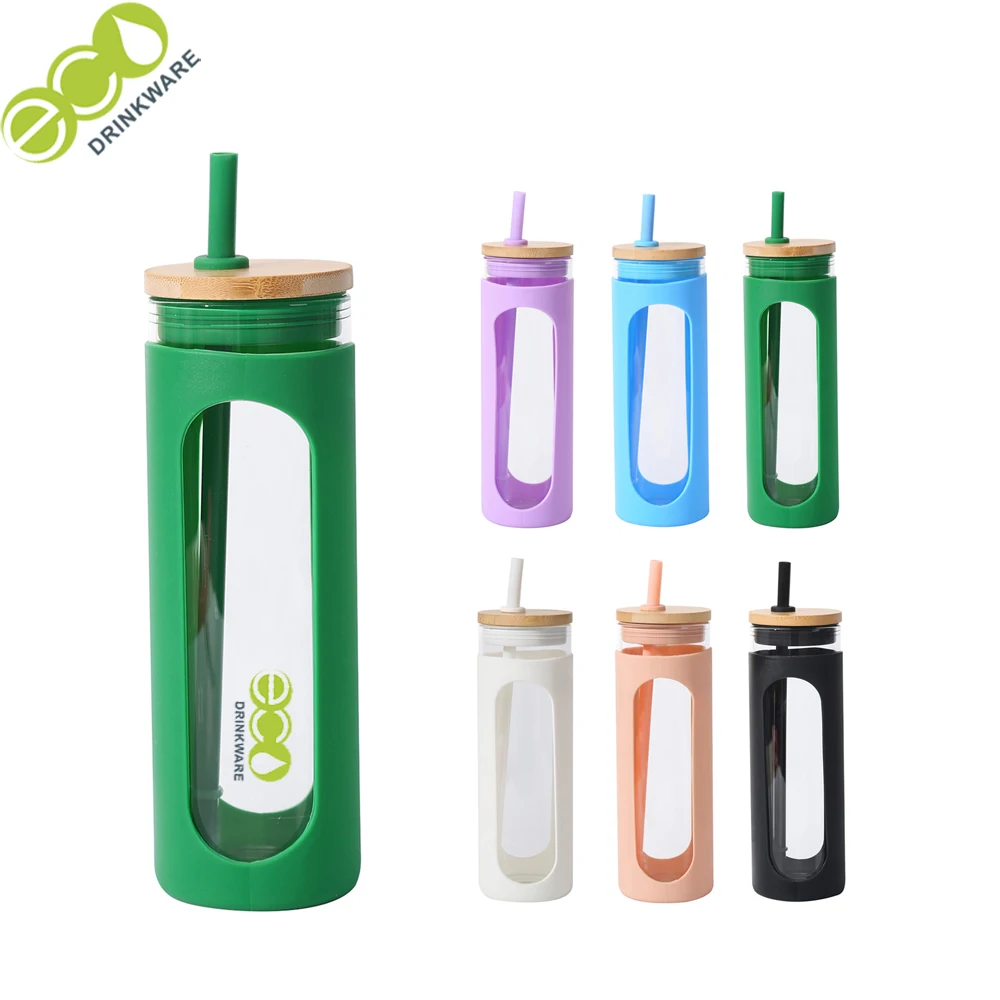 GA2010 600ML/21oz manufactures cute eco friendly recycled drink juice glass water bottles with silicone sleeve and bamboo lid