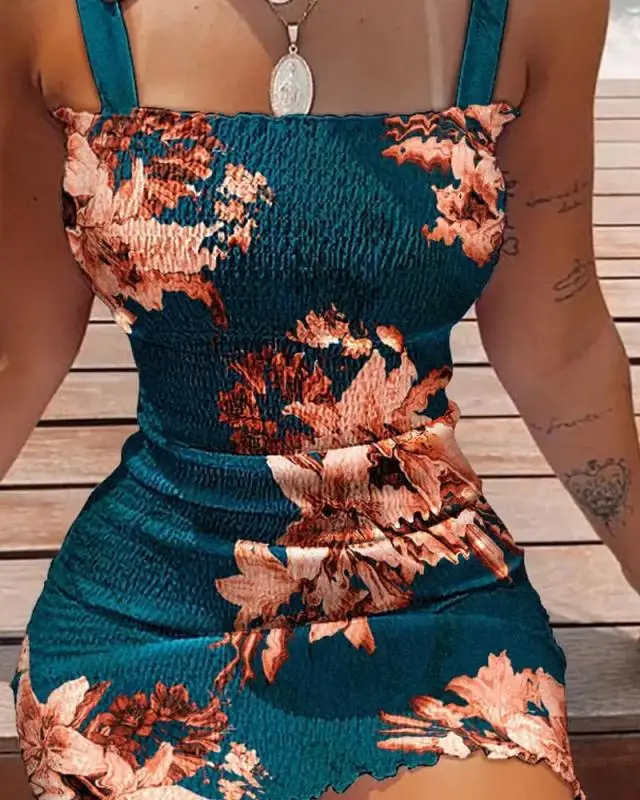 2022 Summer New Floral Spaghetti Strap Dress Off Shoulder Tube Top With Belt Women Clothes In Stock