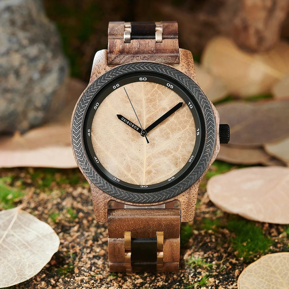 High Classic Wholesale Quartz Wood Watch Leaf-Textured Dial Personalized Trendy Couple Gift Environmentally Chronograph Band