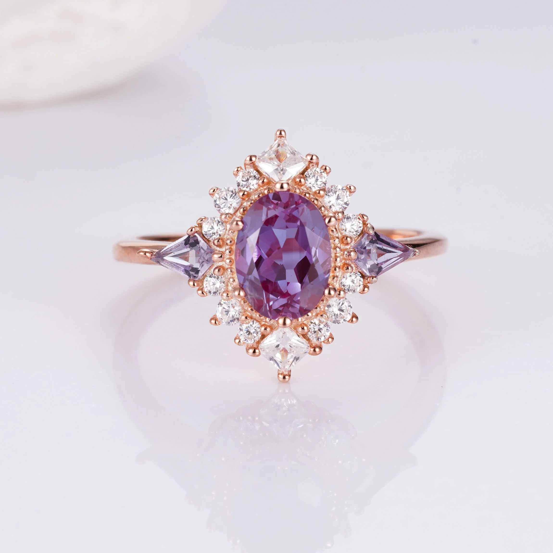 Cubic Zircon Halo 925 Sterling Silver Oval Shape Lab Alexandrite Ring Lab Alexandrite Jewelry