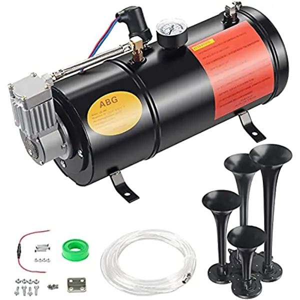 4Trumpet Air Horn 12V Compressor Kit Blue Tank Gauge For Train Truck Car 150PSI Trumpet Air Horn