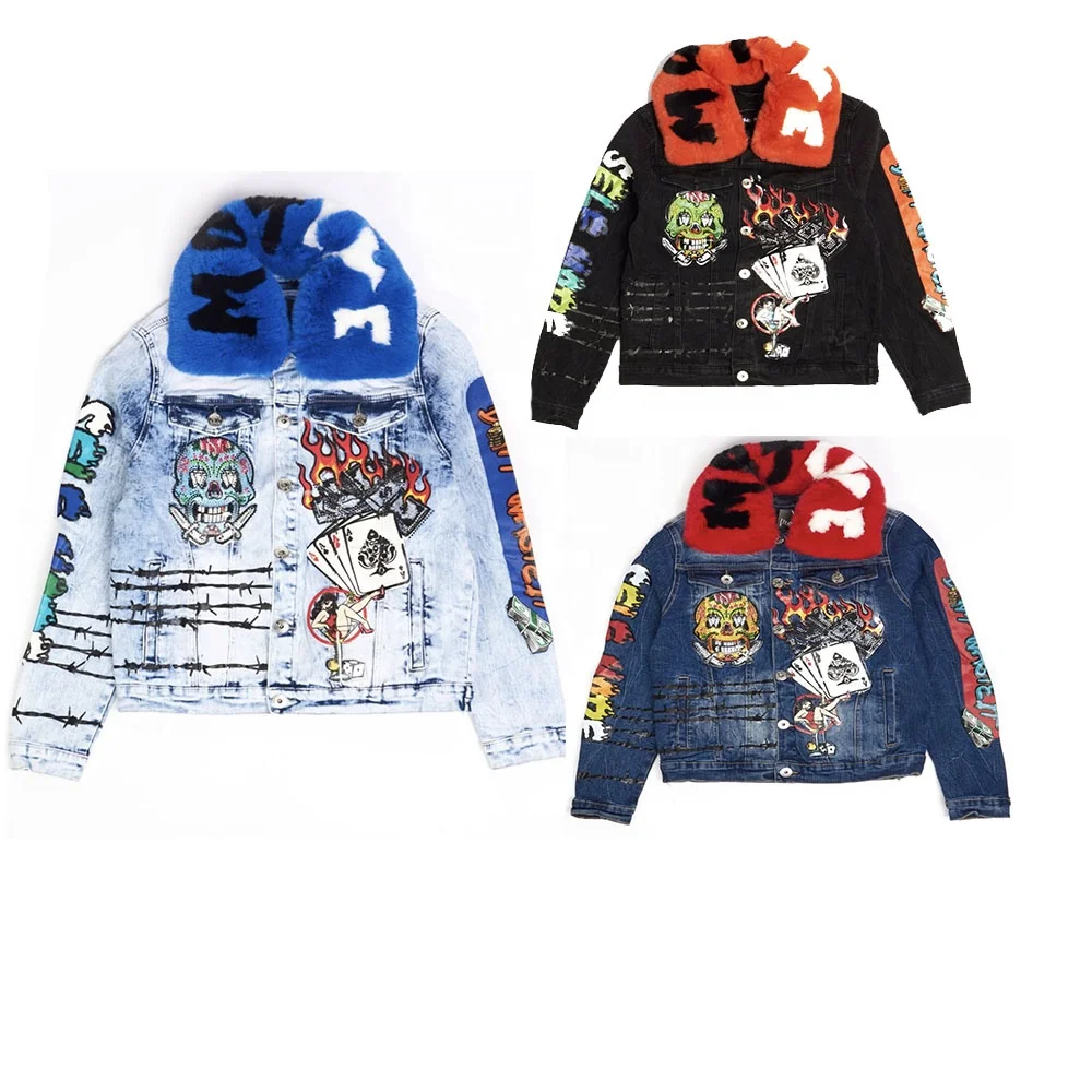 KY Distressed Dark Washed Colorblock Designer Jeans Jackets Pants Man Winter Blue Black Jean Jacket For Men with Fur Collar