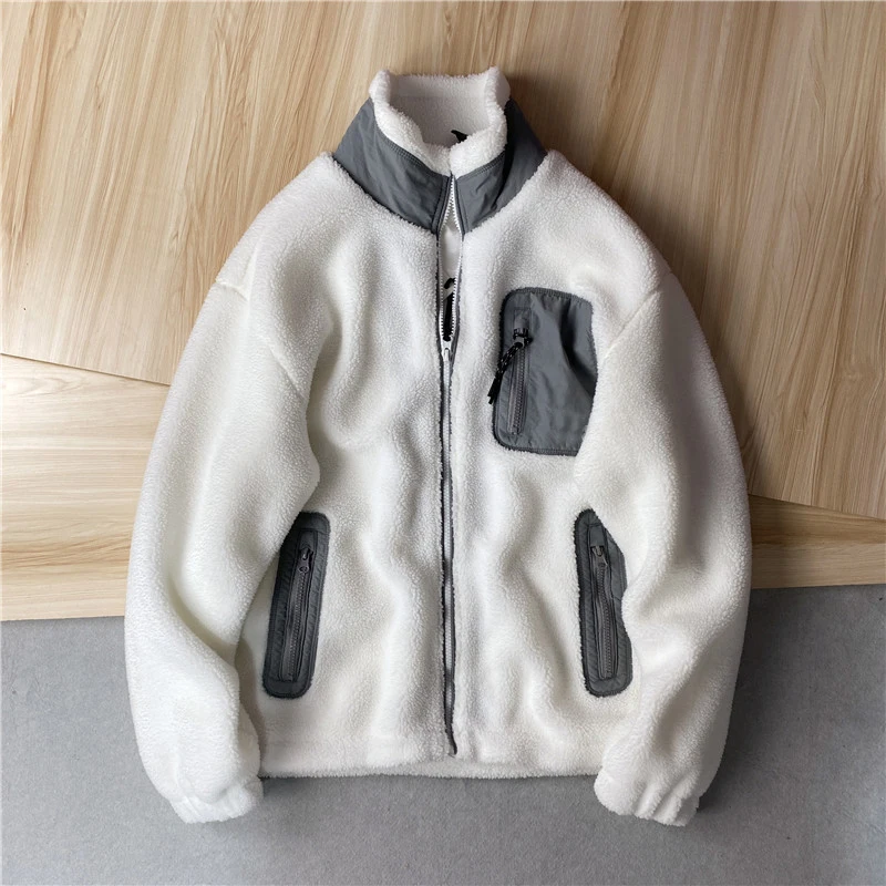 Top sell factory in China Men custom winter jacket color block fake wool windbreaker warm outdoor jacket