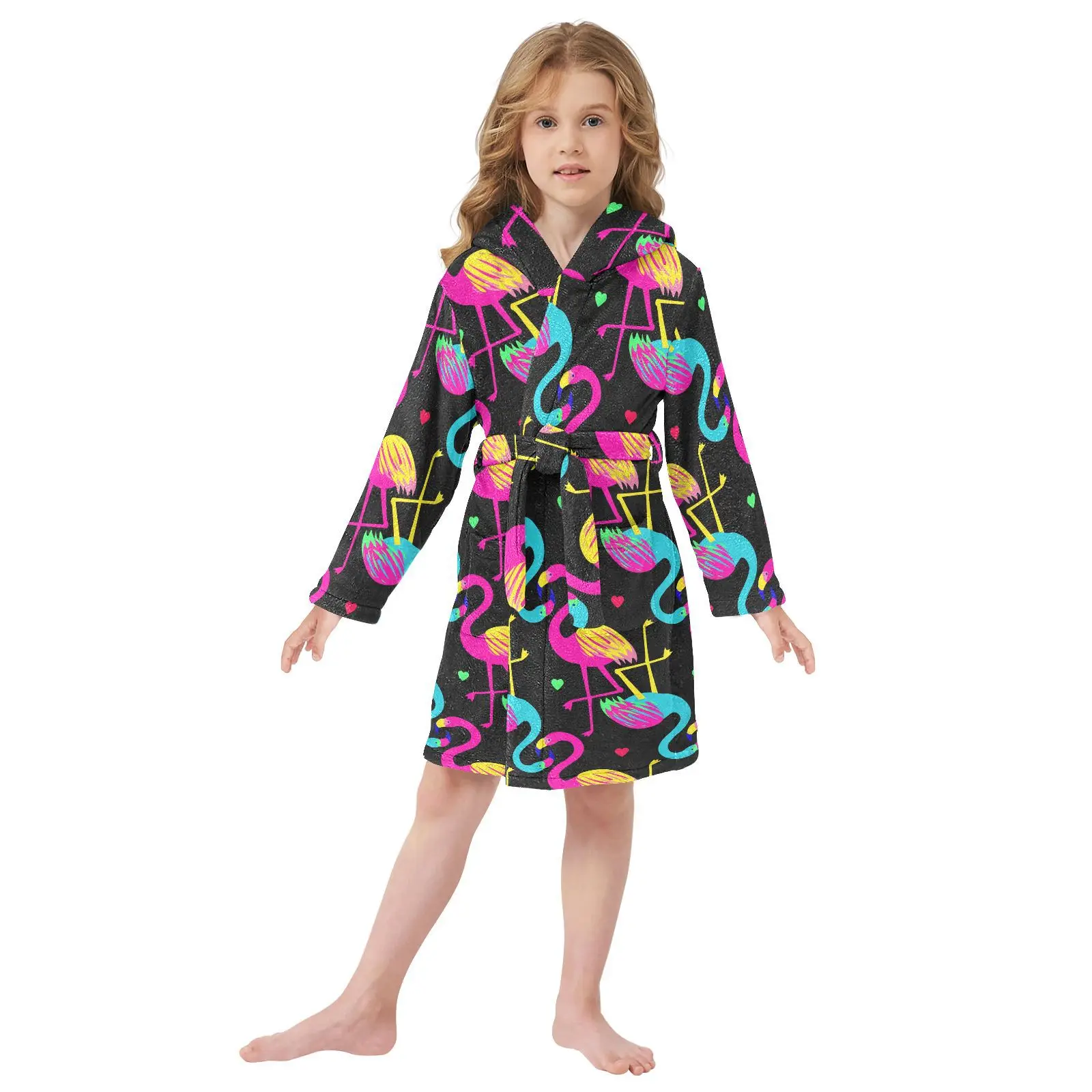 Fashion Flamingo Pattern Nightgown Cozy Plush Children Changing Hooded Custom Kids Hooded Robe For Girls And Boys