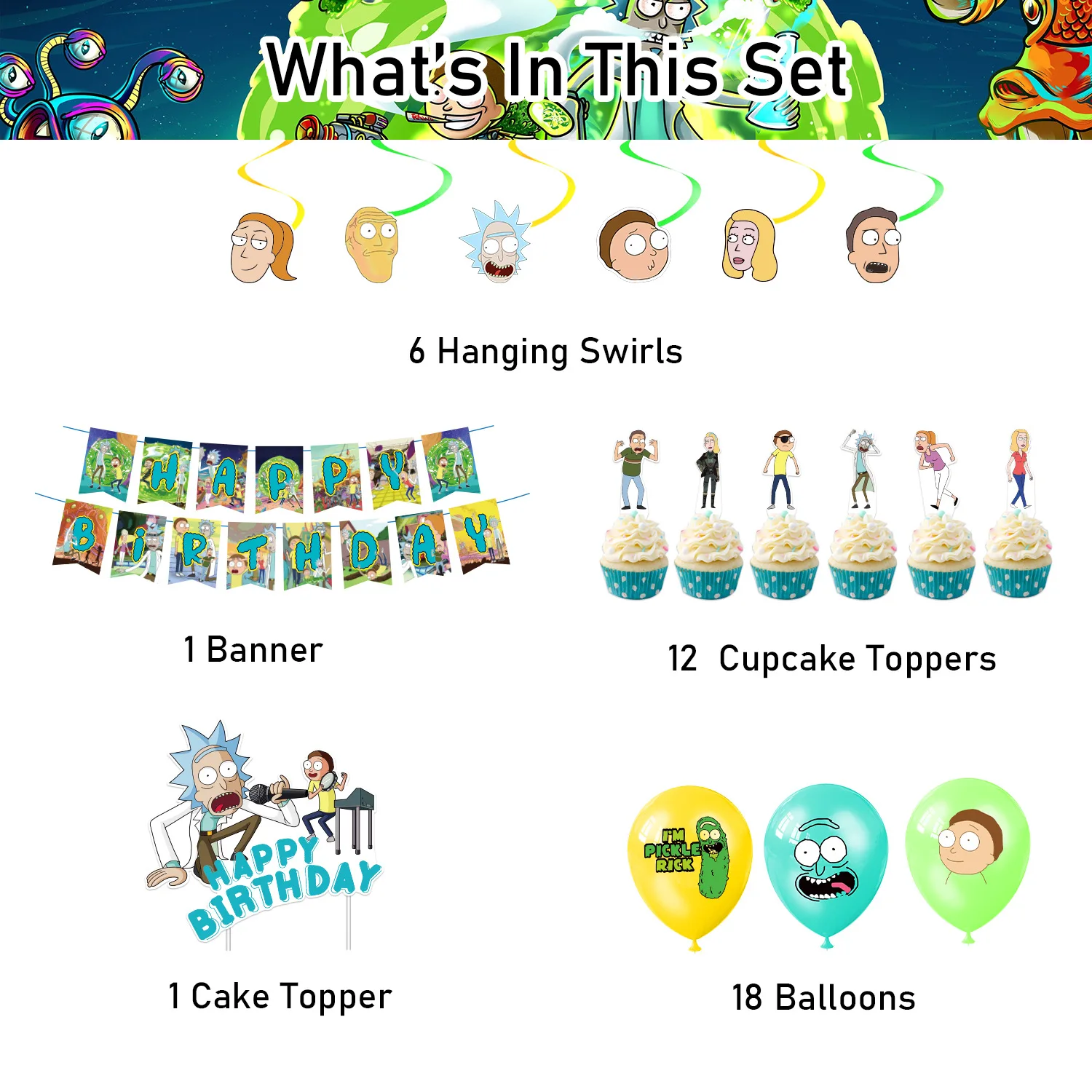 Rick And Morti Theme Birthday Party Decoration For Kids Pull Flag Latex Balloon Cake Arrangement Scene Decoration Supplies