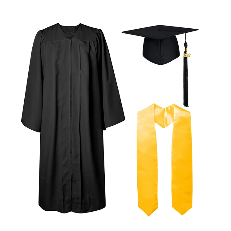 College Black Matte Graduation Gown Cap Tassel with year Charm Black Color