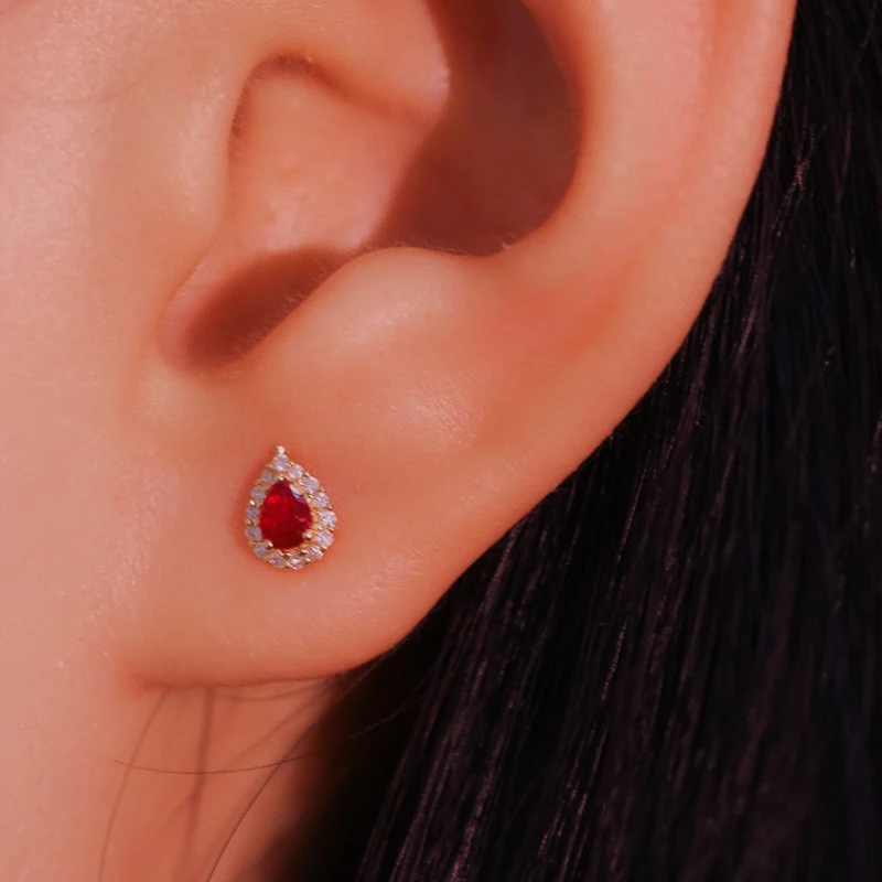 18k Gold Drop Ruby colored jewel earrings for women inlaid with diamonds wrapped in natural pigeon blood earrings