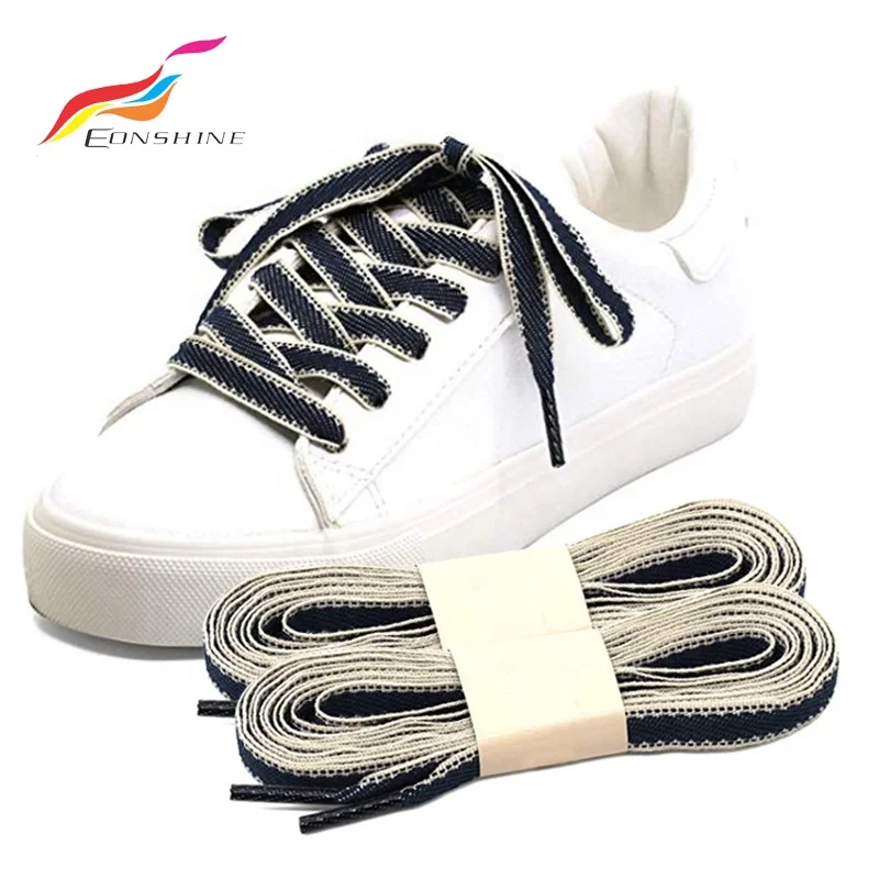 Flat Polyester 3 Color Braided Red White Blue Stripe Shoelaces for Canvas Shoe Laces