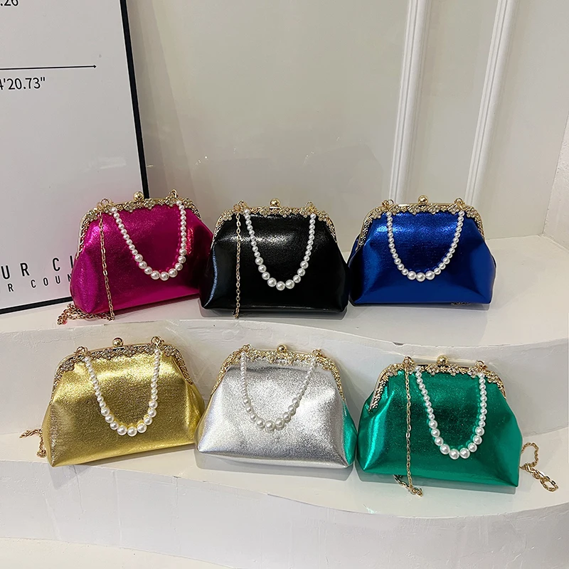 Best Selling Newest Fashion Ladies Luxury Handbag 2024 Shiny Purses With Pearl Chains Sparkle Handbag For Women