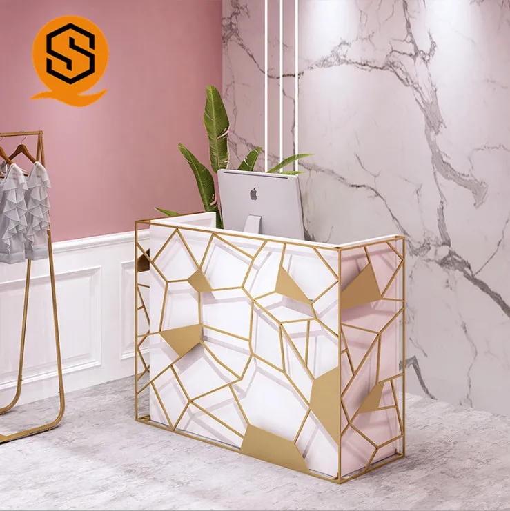 Modern luxury reception counter beauty gold metal solid surface nail salon reception desks