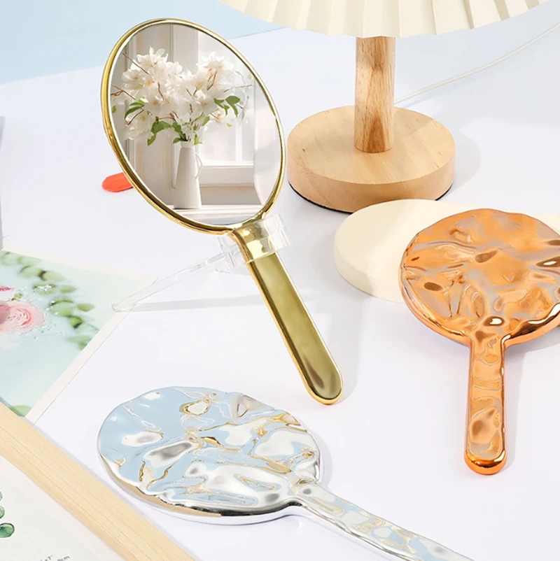 Electroplated Handle Makeup Mirrors Beauty Portable Custom Logo Round Hand Water Ripple Small Pocket mirrors