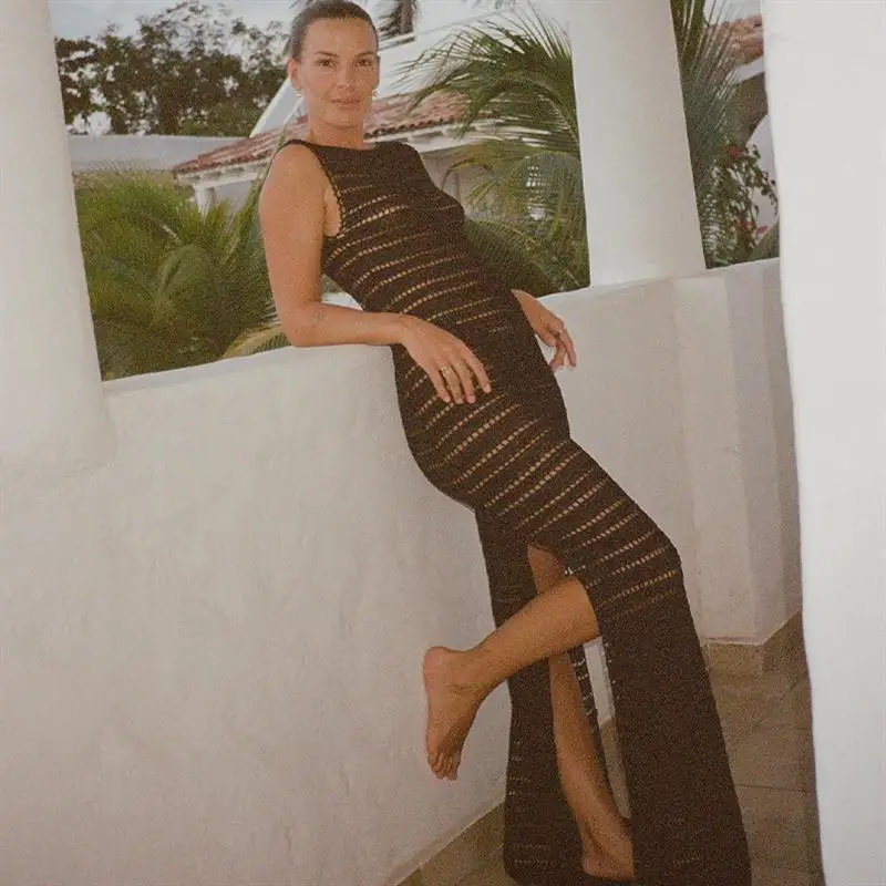 Famaker Knit Hollow Out Sexy Backless Beach Maxi Dress Women Summer Holiday Sleeveless Elegant Long Dresses