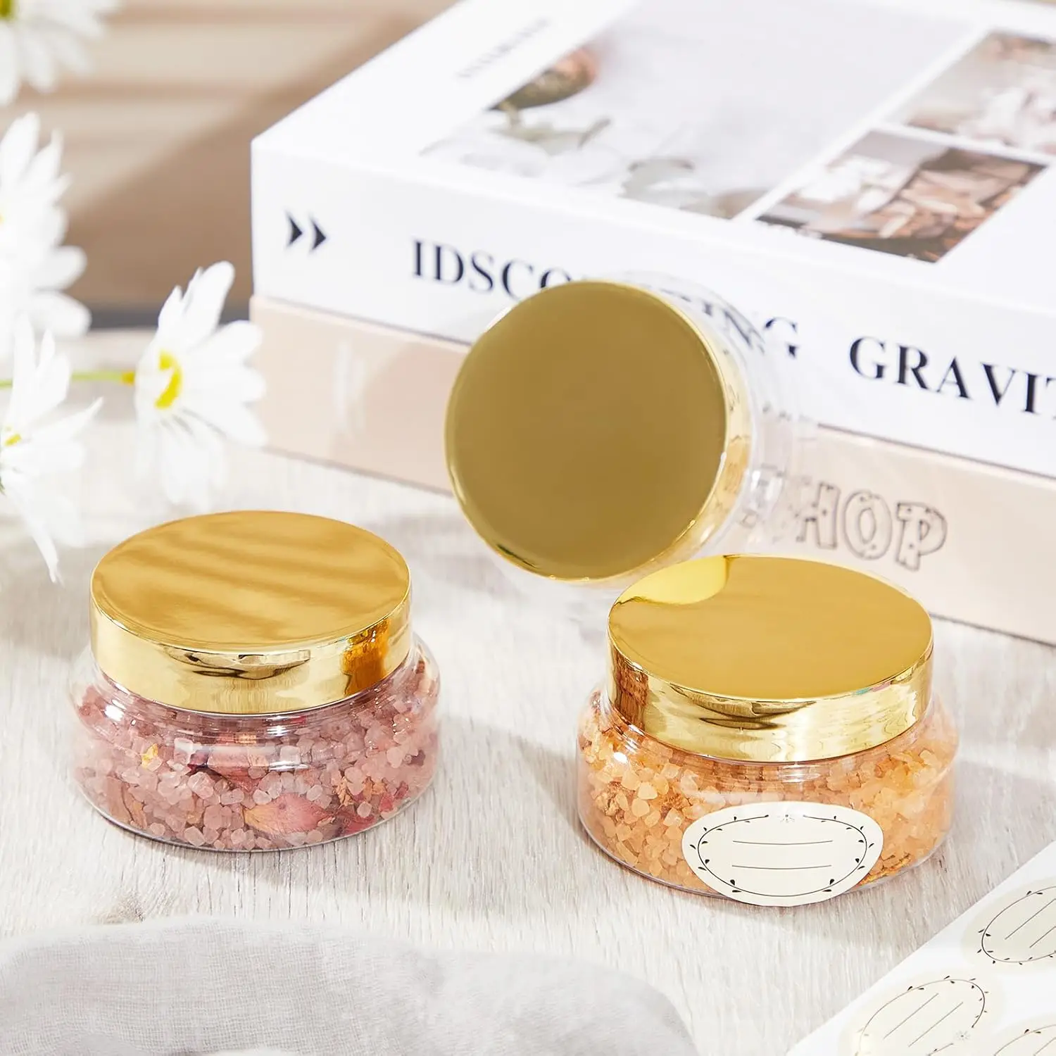 24 Pack Plastic Jars with Gold Lids Plastic Cream Jar Containers Round Refillable Cosmetic Empty Body Butter Jars for Scrub