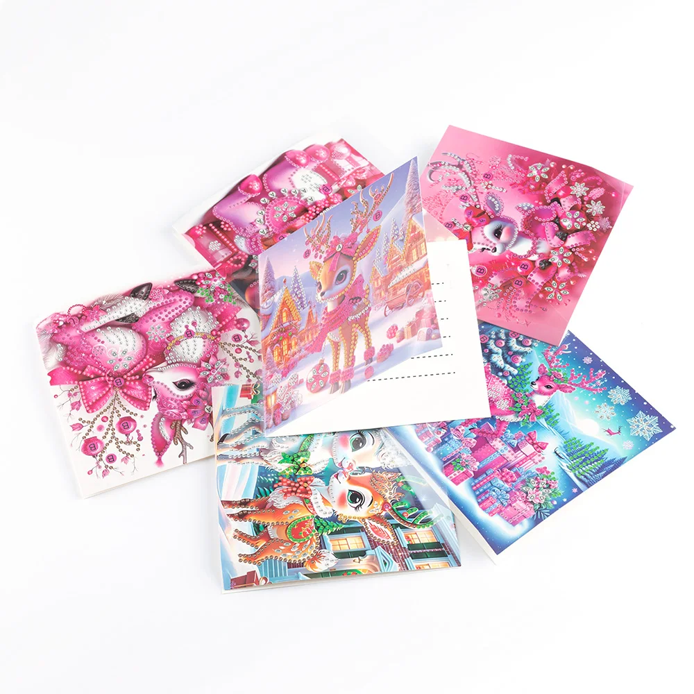 New Arrival 6 Pieces Diamond Painting Greeting Card Pink Merganser, Cute Animal Pattern Handmade Postcards Perfect Easy Gifts