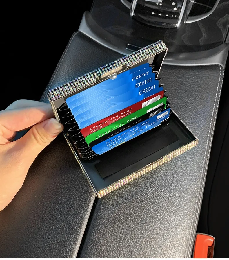Metal Pu Leather Crystal Diamond Bling Rhinestone Credit Card Organizer Business Name Card Holder Case Pocket