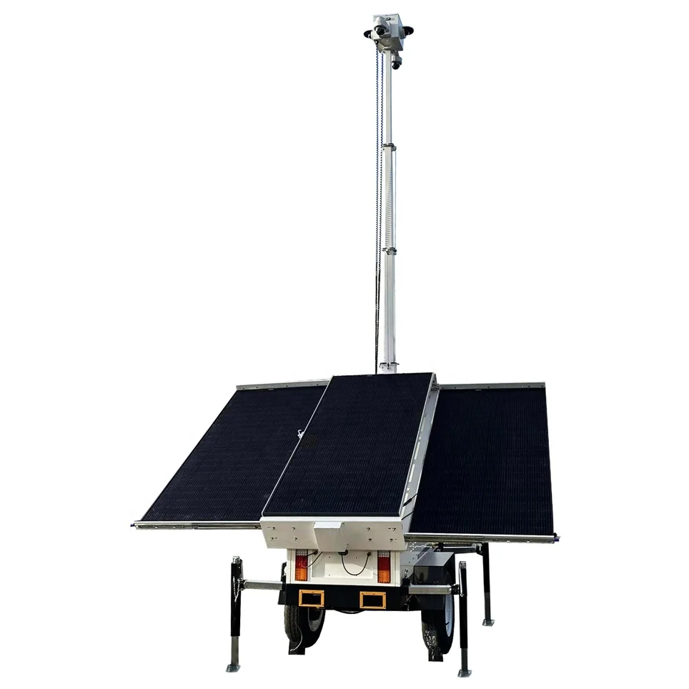 Security camera mobile solar trailer with remote intercom for concerts and music festivals