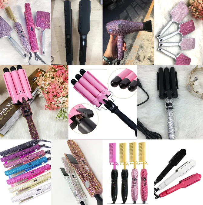 Amazon Hot Sale Bling Crystal Diamond Custom Professional Electric Hot Comb Hair Straightener Hair Styling Tools Hot Comb