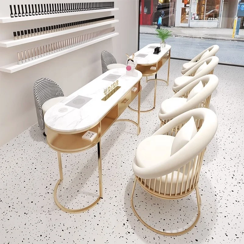 Wholesale luxury nail shop salon table and chair gold frame marble top double modern manicure tables