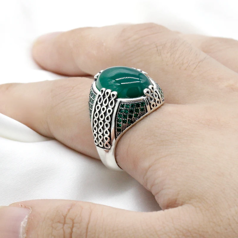 Online Wholesale Jewelry 925 Sterling Silver Green Agate Mens Rings