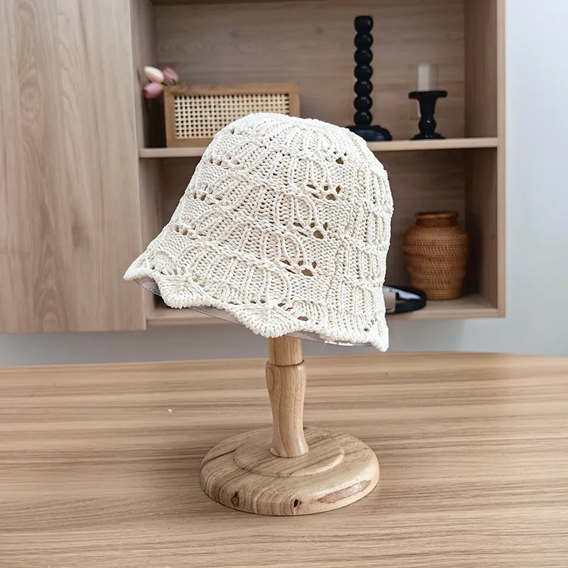 2024 Korean Fashion Summer New Solid Hollow Out Stripes Textured Woven Crochet Knitting Paper Straw Sun Beach Bucket Hat Ladies