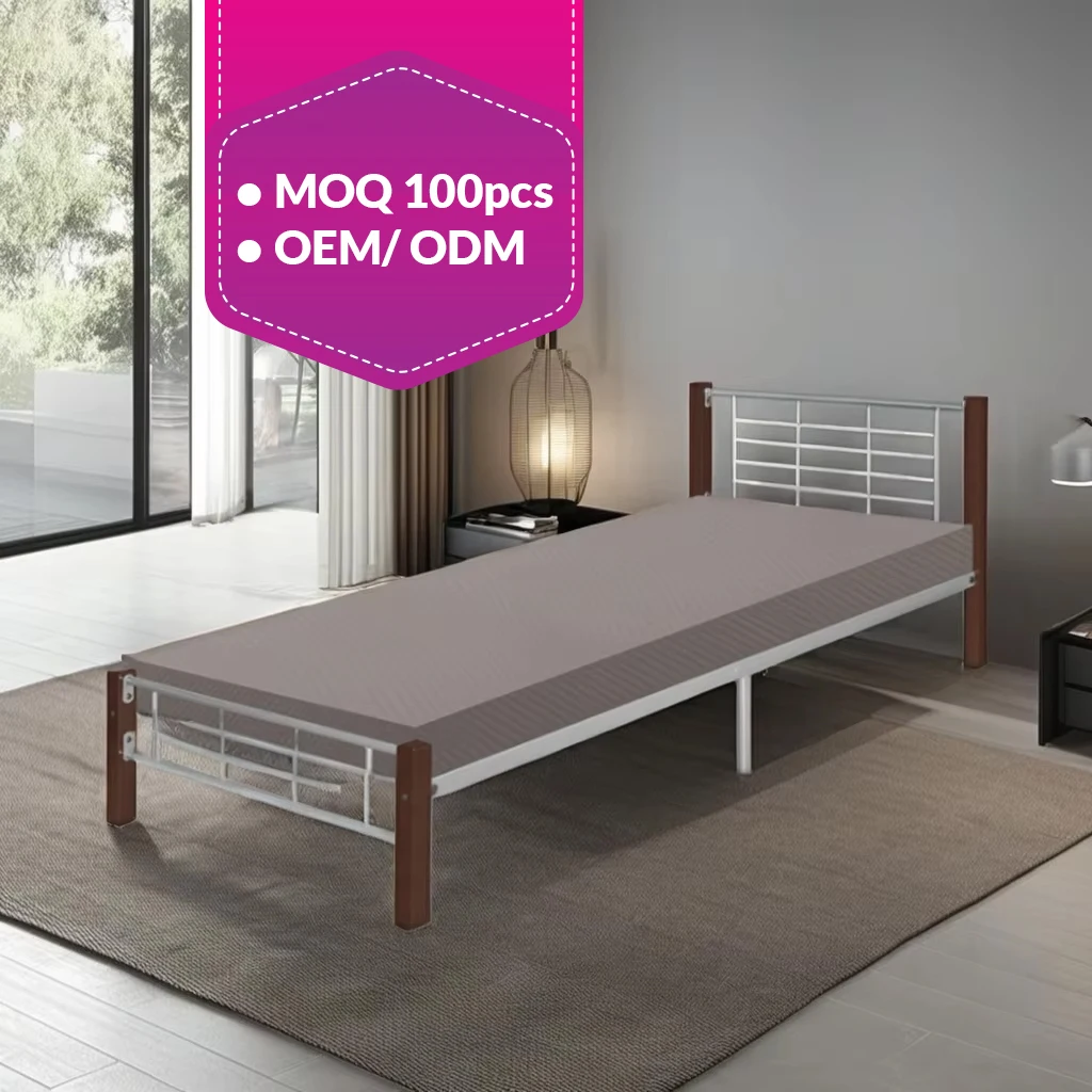 Hot Sale Cheap Iron Frame Beds Platform Strong Leg Support Metal Single Size Bed Frame with Headboard MOQ 100pcs Steel Slat Base