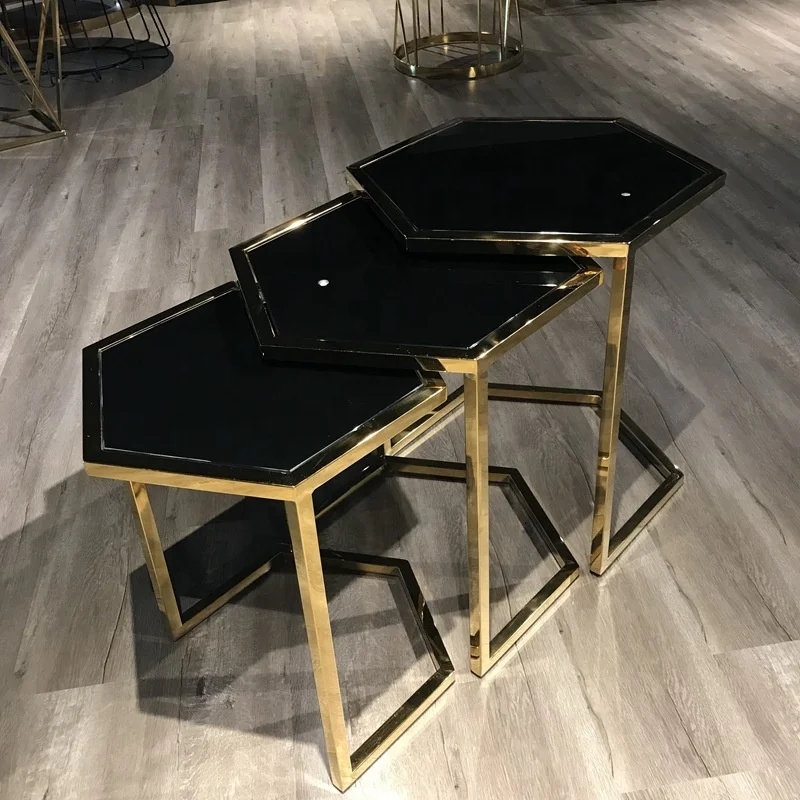 Contemporary Stackable Nesting Table Luxury Gold Stainless Steel Glass Coffee Table
