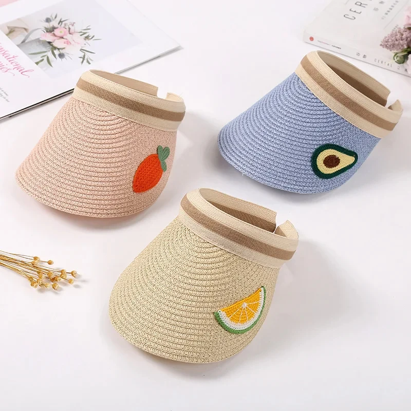 Wholesale Kids Fruit Summer Visor Hats With Knitted Soft Sweat Straw Hats