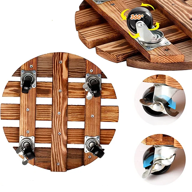 Wholesale Round Tray Wood Movable Wheel Flowerpot Base plant stand for Vase for garden