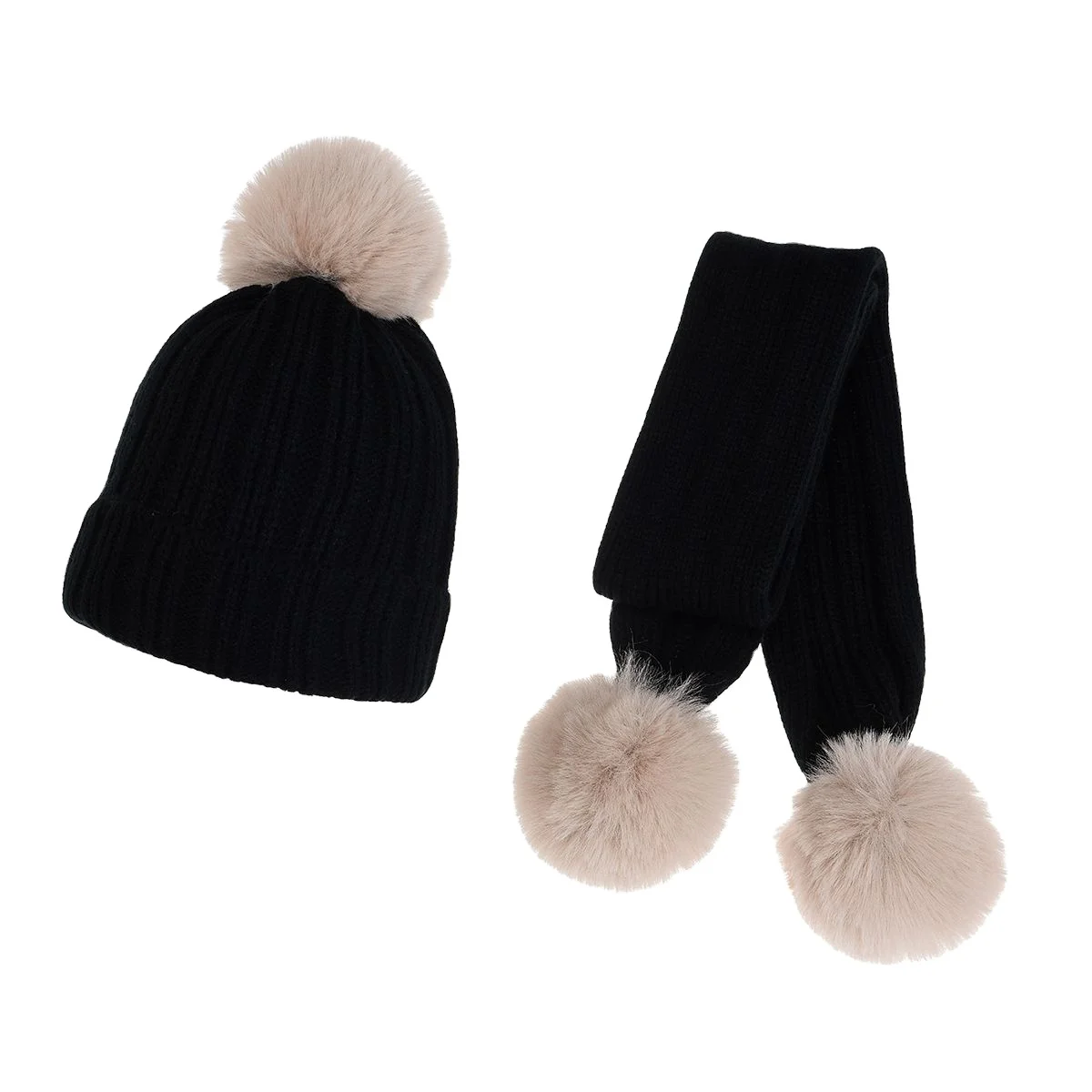 2021 new kids winter hat faux fur ball toddler baby Children two piece hat scarf set beanie with pompom